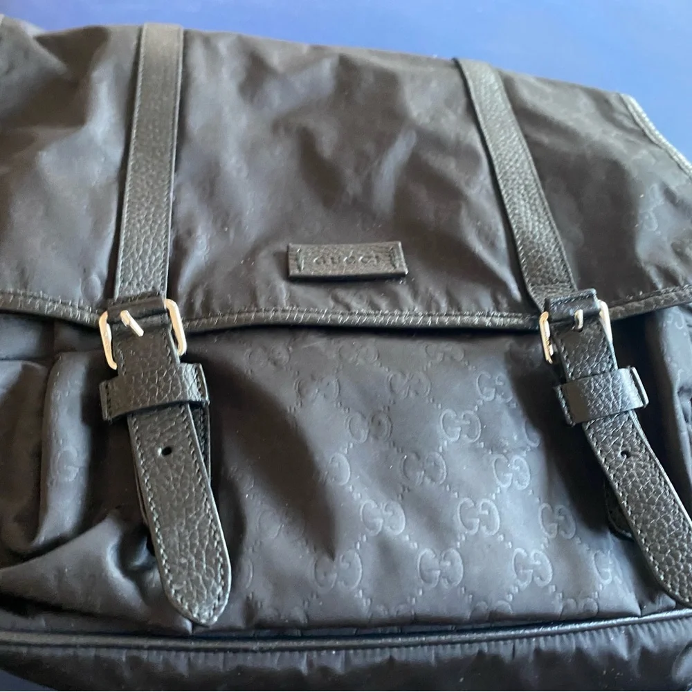Gucci Black Monogram Nylon Messenger bag -large with Leather Logo Patch
